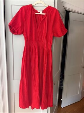 H&M Bright Red Midi Dress with Tie Neck